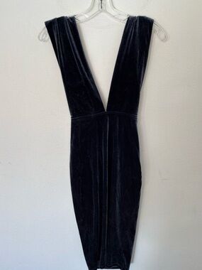 NUDE Black Velvet Deep V Plunge Bodycon Midi Dress Size Small